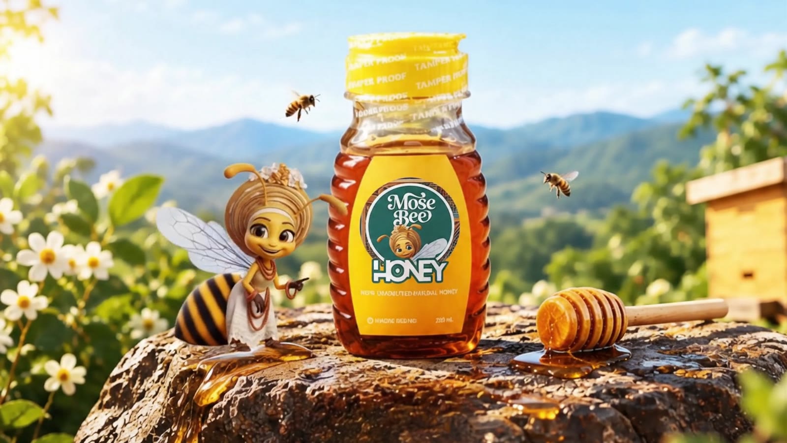 Mosebee standing beside a bottle of Mosebee honey on a tree stump